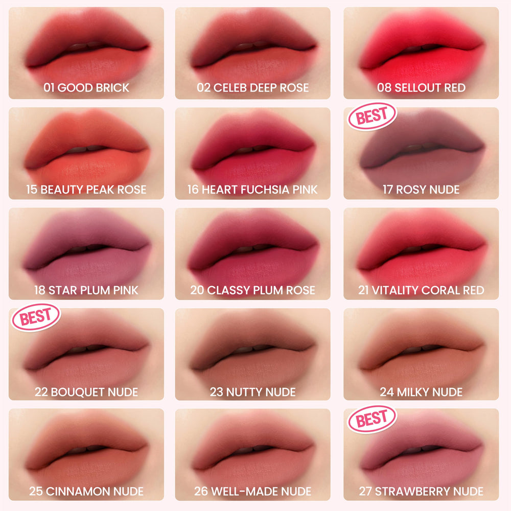 Peripera Ink Velvet Labial, tonos nude-rose-coral para estilos variados.