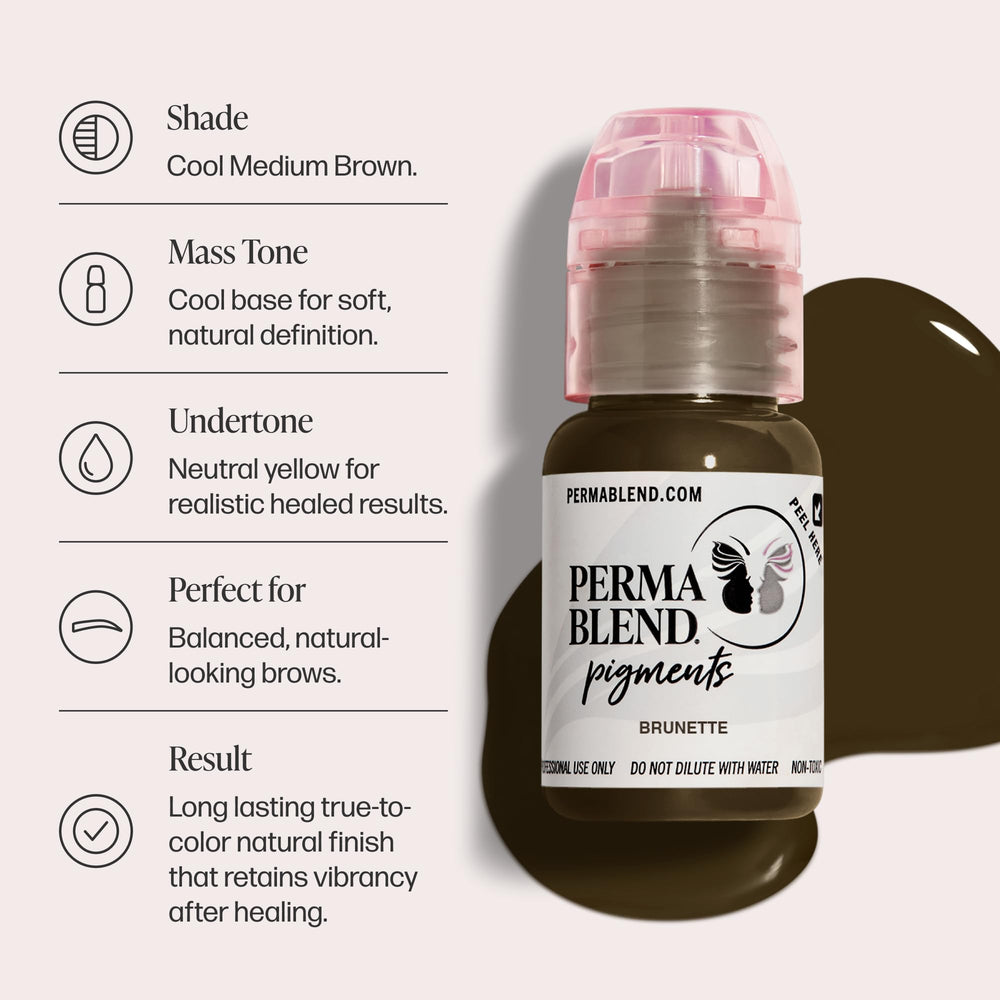 Perma Blend Brunette brow pigment swatches on skin show shade options.