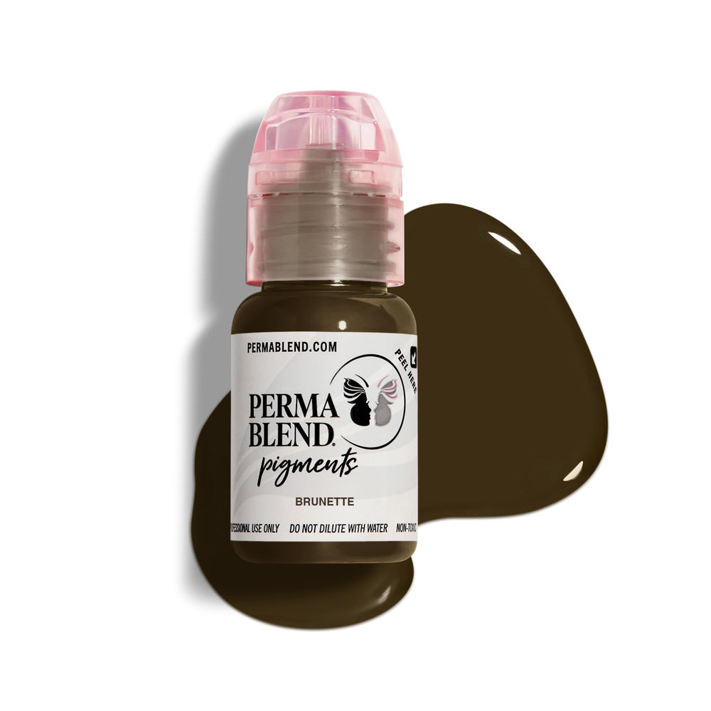 Perma Blend Brunette tattoo ink bottle demonstrates brow and eyeliner pigment.