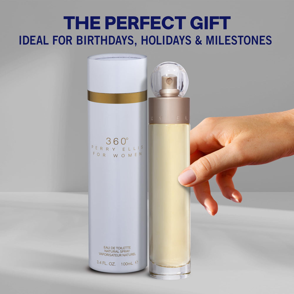 Perry Ellis 360° flat lay with bottle and accessories for brand presentation.