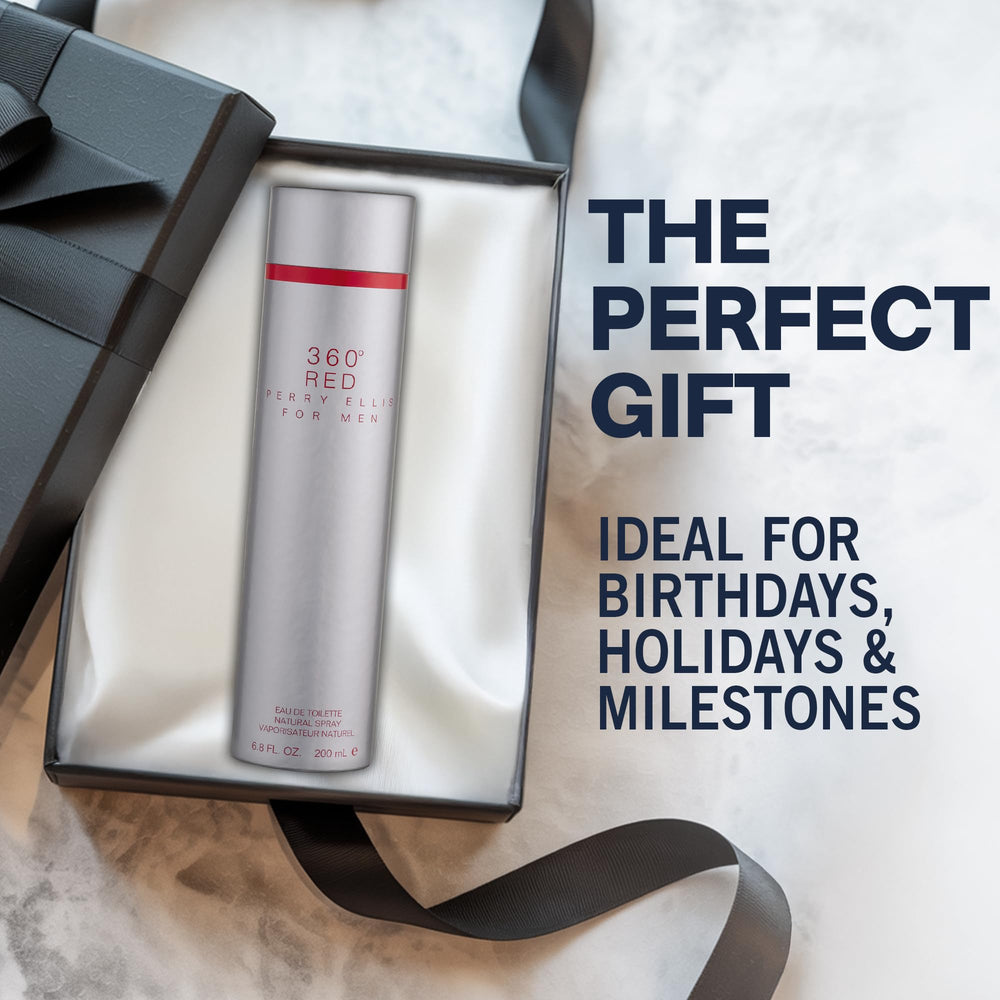 Perry Ellis 360° Red bottle with splash stand conveys versatile wear for various occasions.