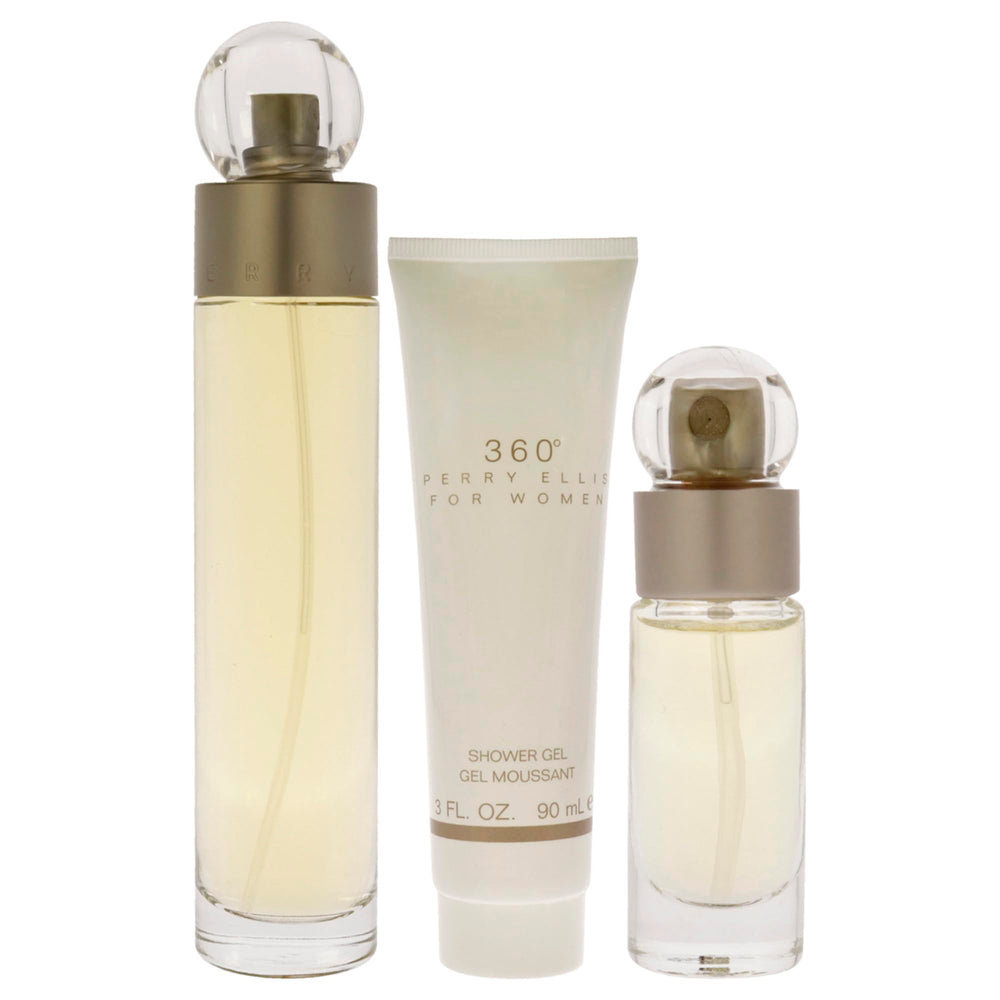 Perry Ellis 360 women gift set packaging with shower gel and EDT for versatile gifting.