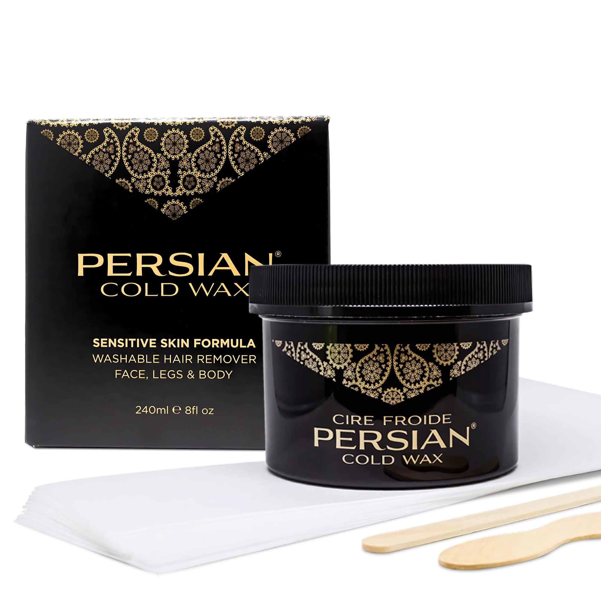 Persian cold wax kit for facial application glides on smoothly for gentle facial hair removal.