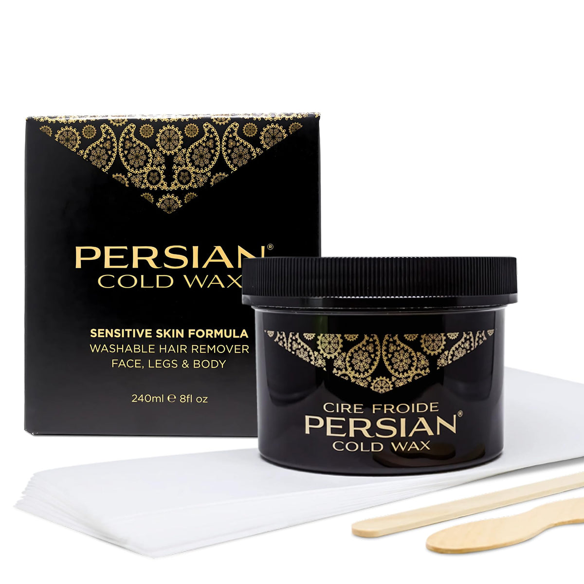 Persian cold wax kit for facial application glides on smoothly for gentle facial hair removal.