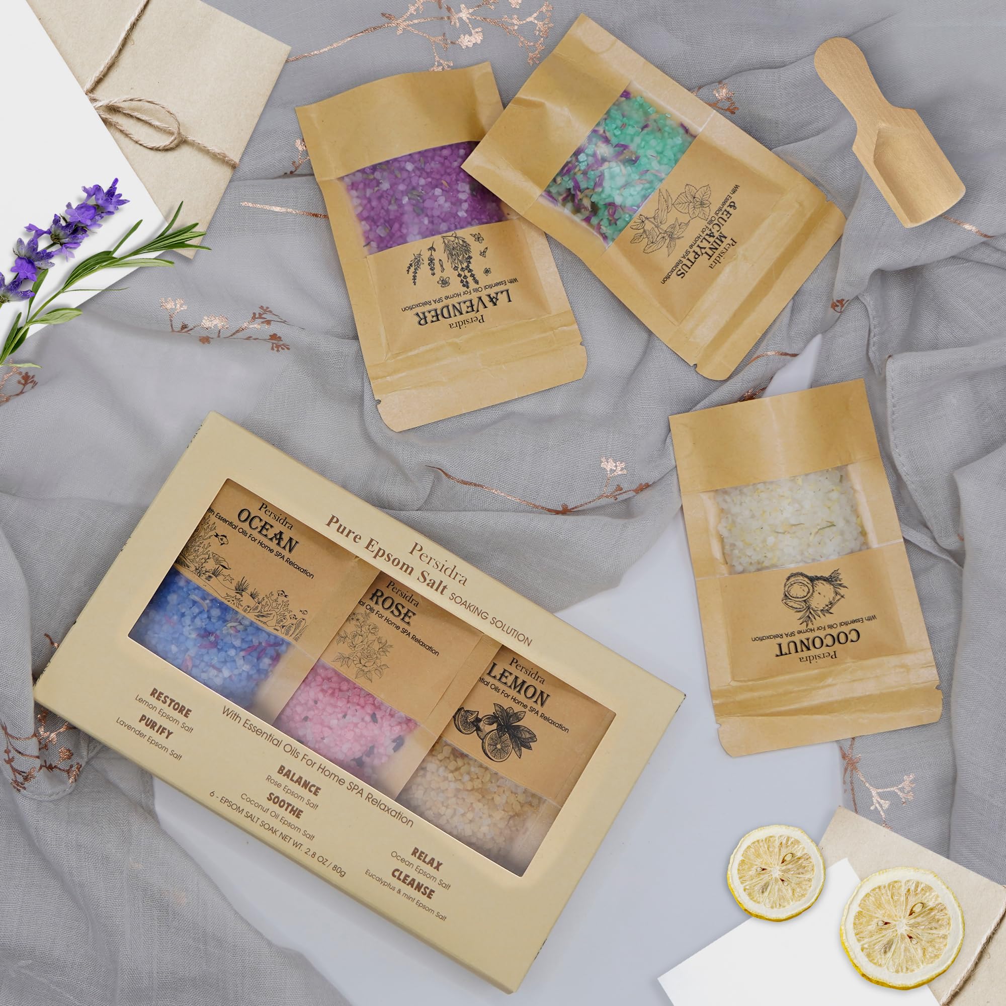 Persidra sal de baño rosa, relajante aroma para momentos de cuidado.