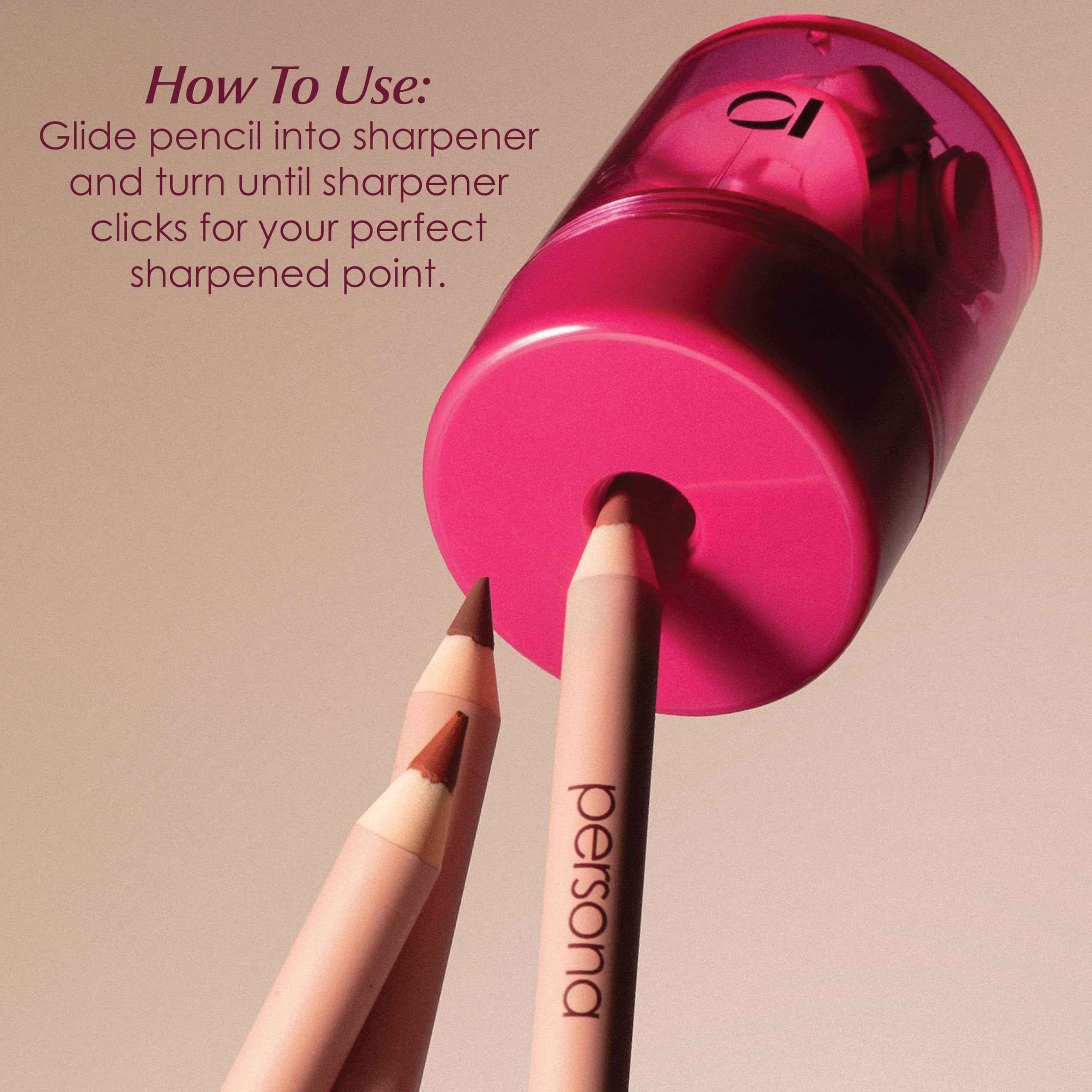 PERSONA Sharpener clean-tip reveal for drag-free creamy formulas.