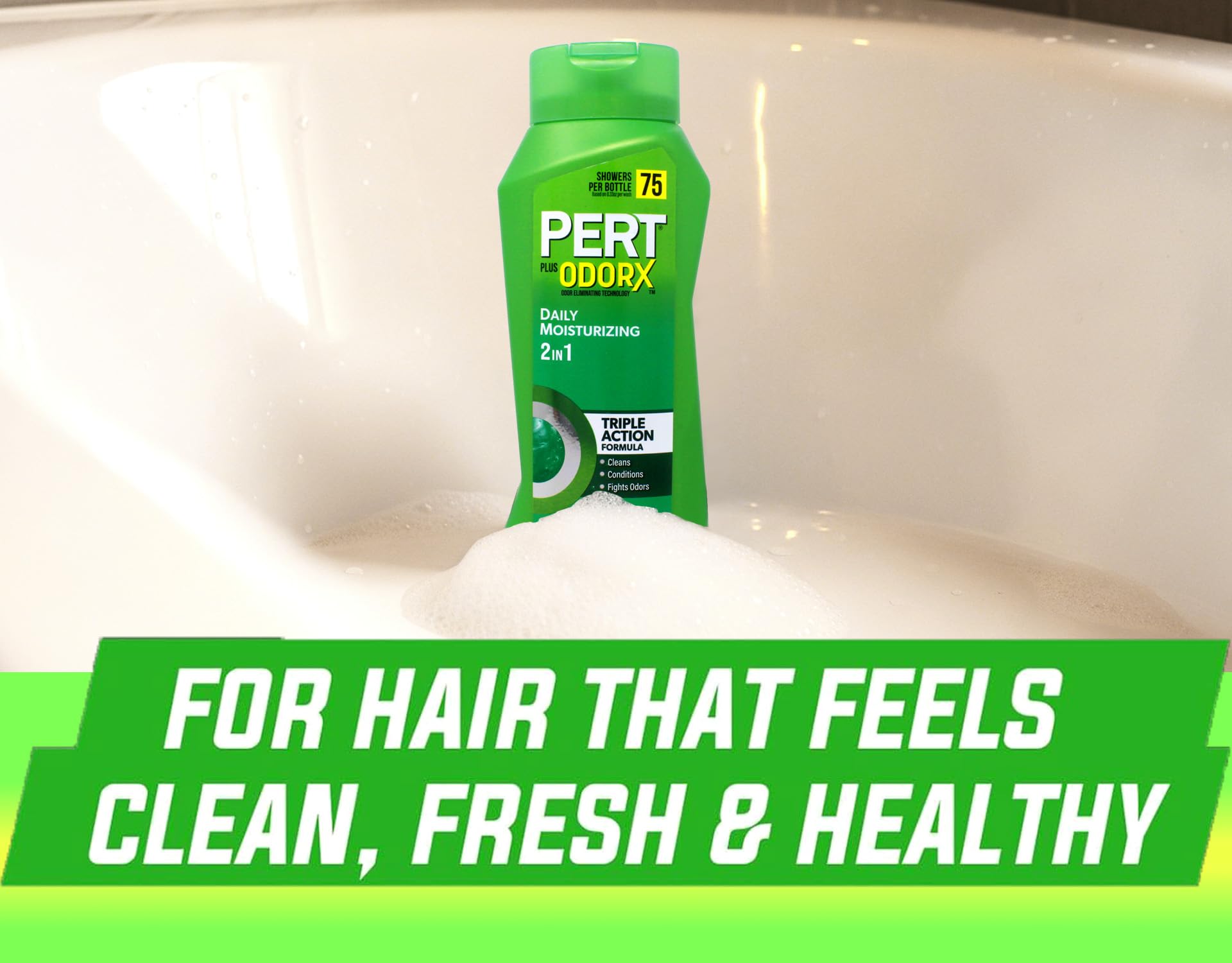 Pert 2-in-1 Complete Clean Shampoo packaging display highlights value of the 4 pc set