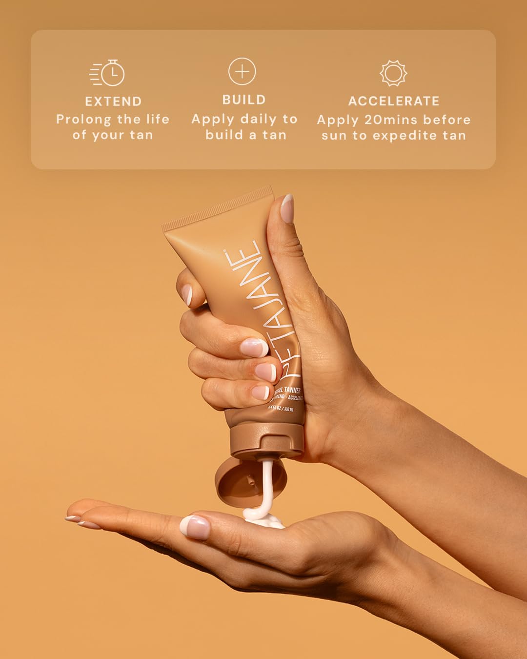 Dispensing Peta Jane Tan Extender Lotion for precise, even coverage.