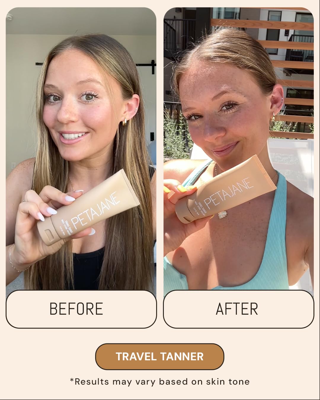 Packaging of Peta Jane Tan Extender Lotion highlighting vegan and cruelty-free attributes.