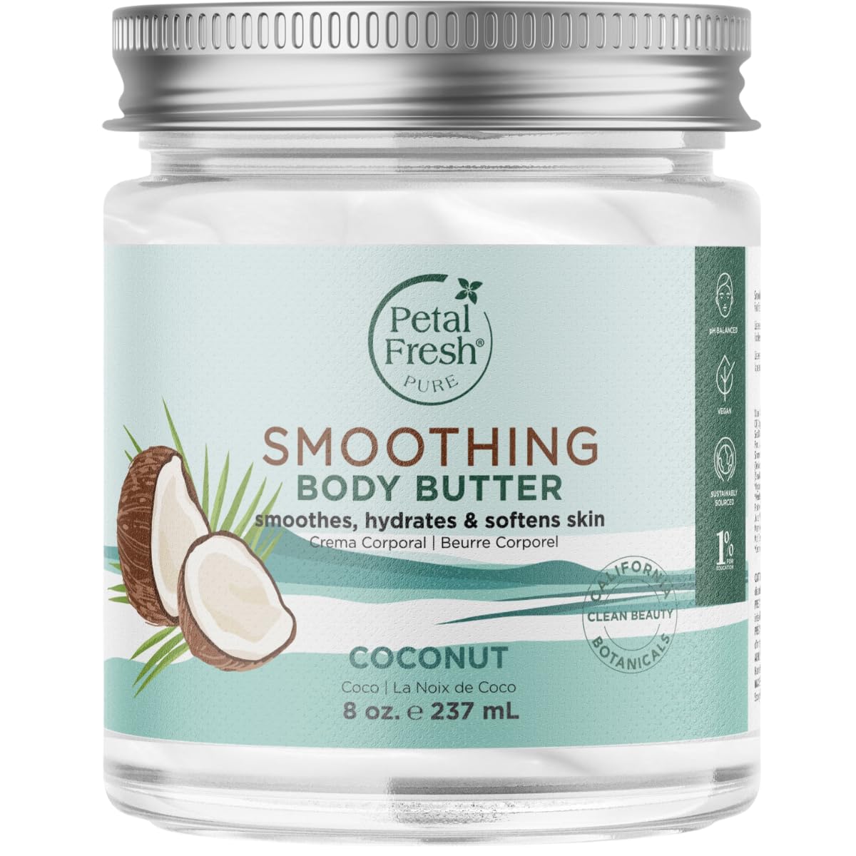Petal Fresh Pure Smoothing Coconut Body Butter jar—deep hydration for dry skin.
