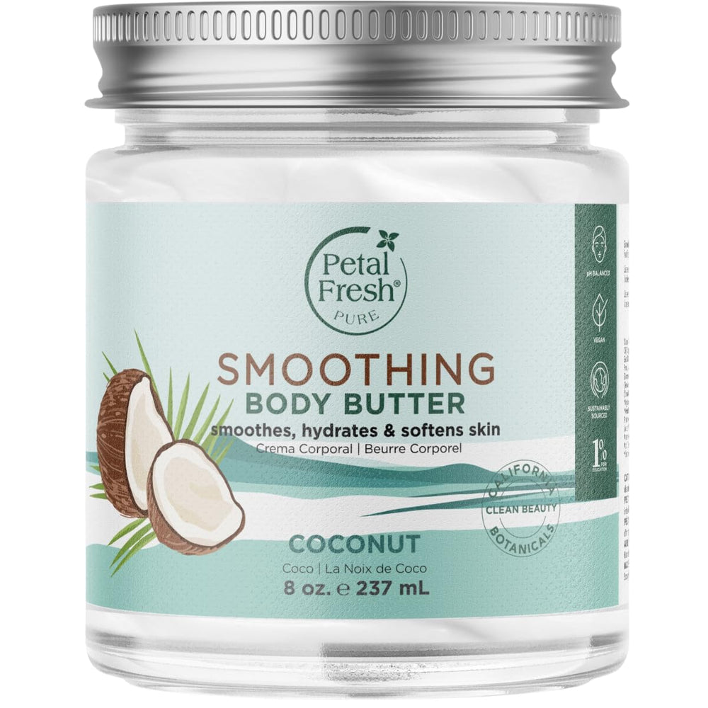 Petal Fresh Pure Smoothing Coconut Body Butter jar—deep hydration for dry skin.
