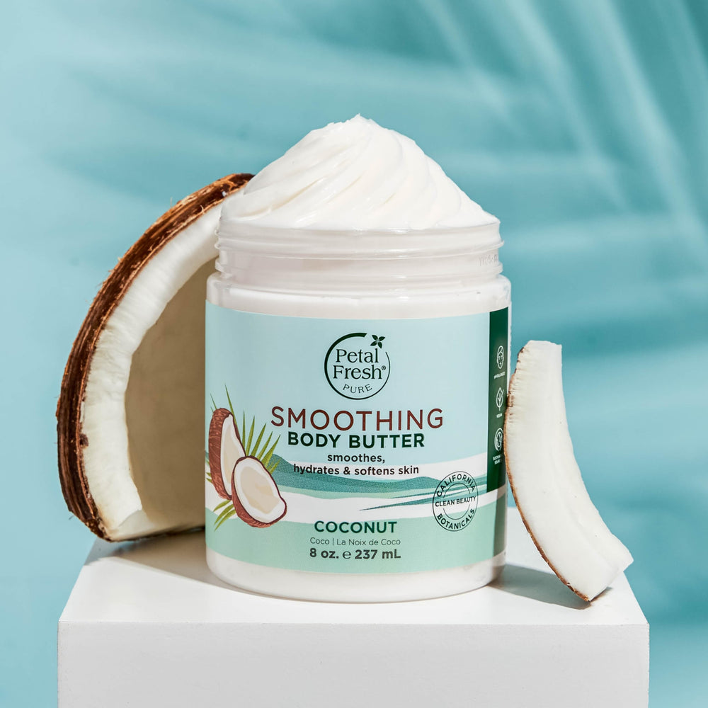 Petal Fresh Pure Smoothing coconut body butter texture swirls—silky skin feel.