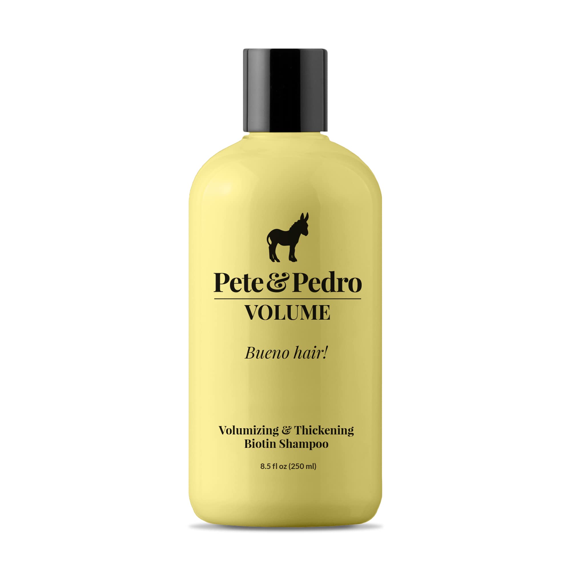 Pete y Pedro Volume Shampoo, botella; aporta volumen ligero al cabello.