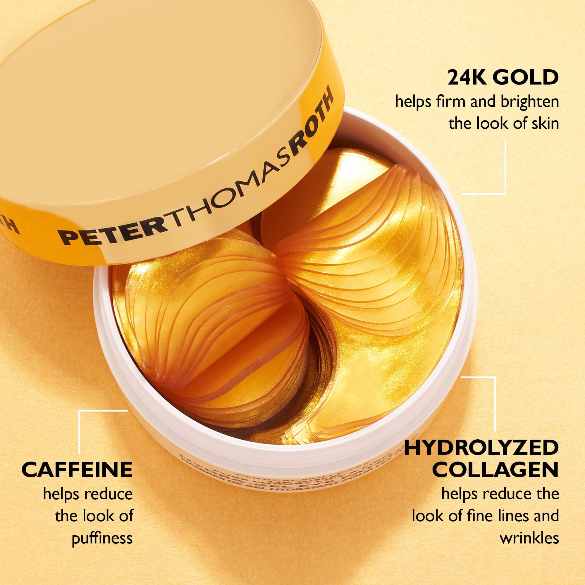 Peter Thomas Roth 24K Gold eye patches with gold-infused surface for radiance.
