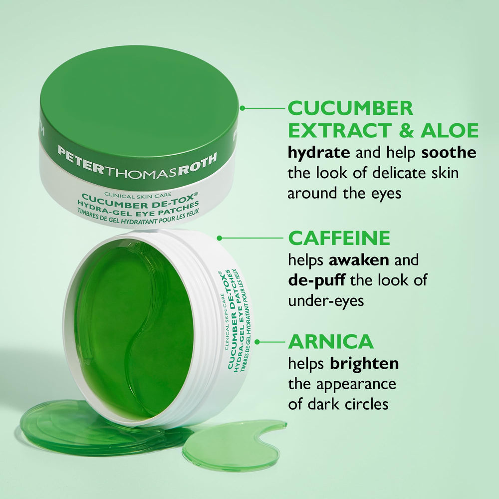 Close-up of cucumber detox eye patches highlighting cucumber and hyaluronic benefits