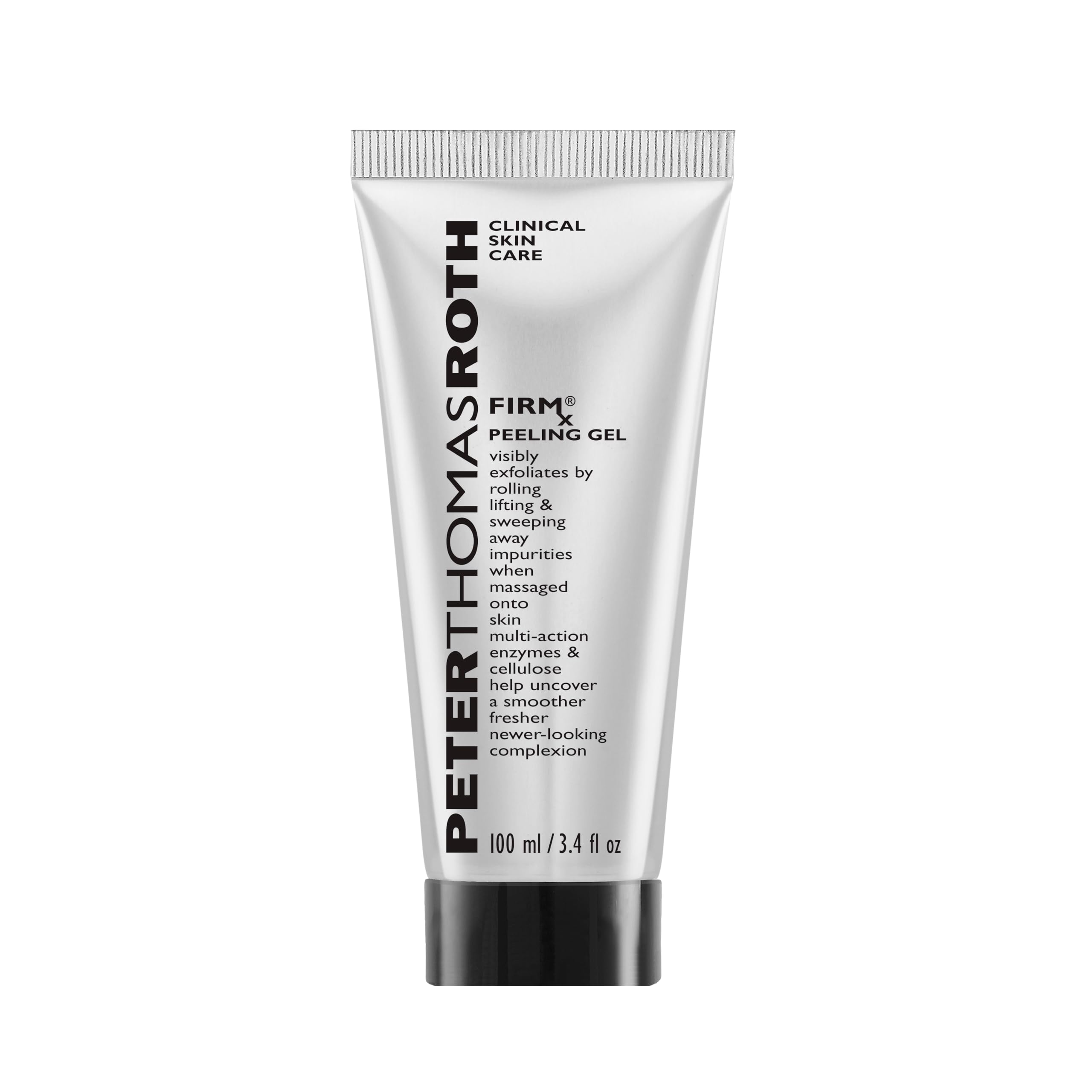 Peter Thomas Roth FIRMx Peeling Gel bottle close-up showing exfoliation action.