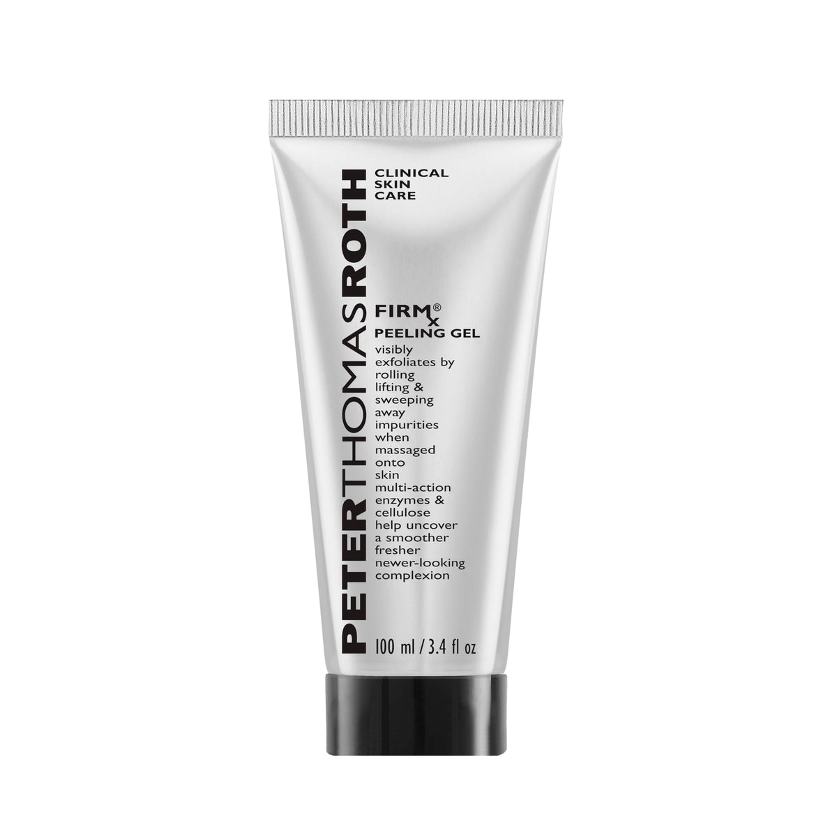 Peter Thomas Roth FIRMx Peeling Gel bottle close-up showing exfoliation action.