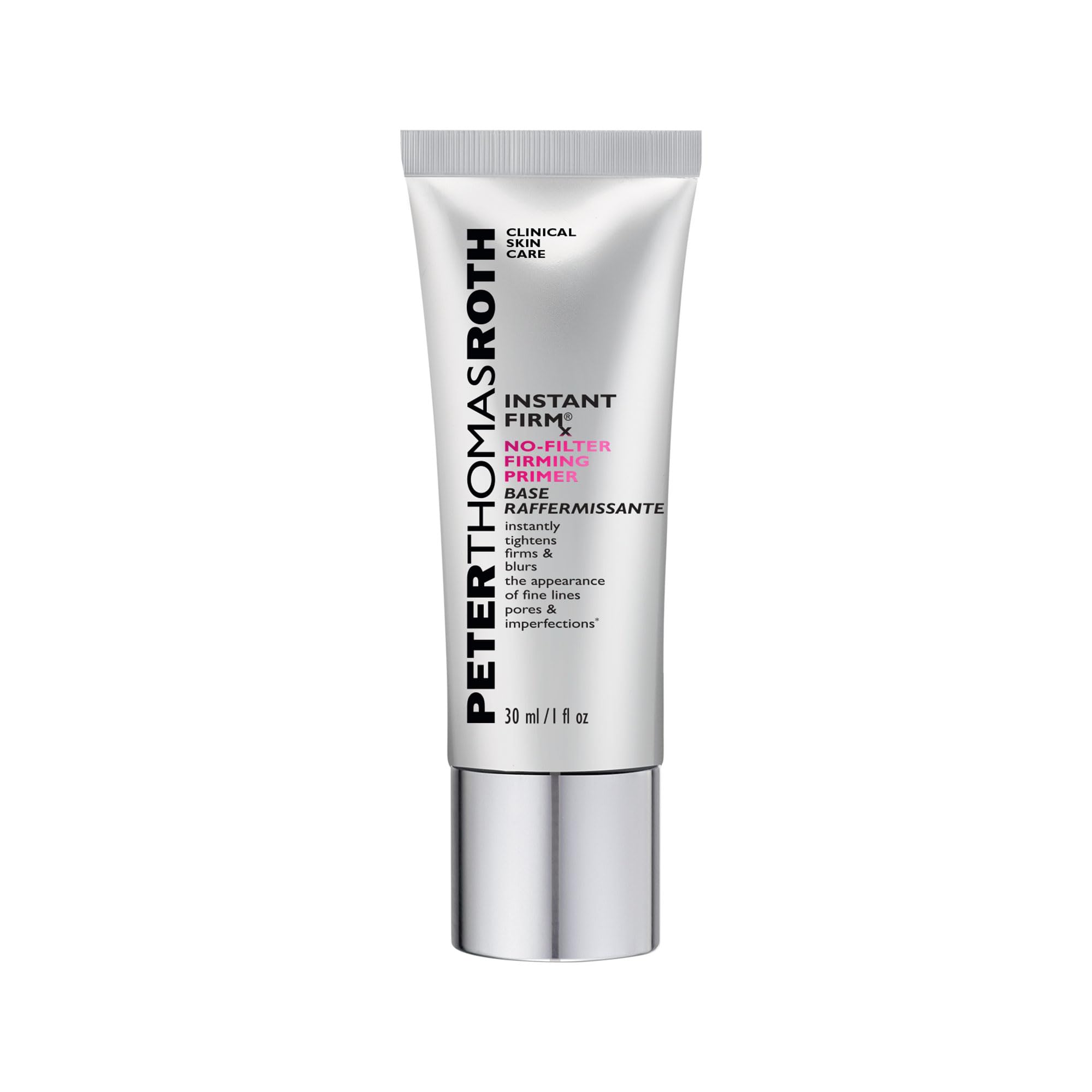 Peter Thomas Roth Instant FIRMx primer bottle close-up for smooth makeup prep
