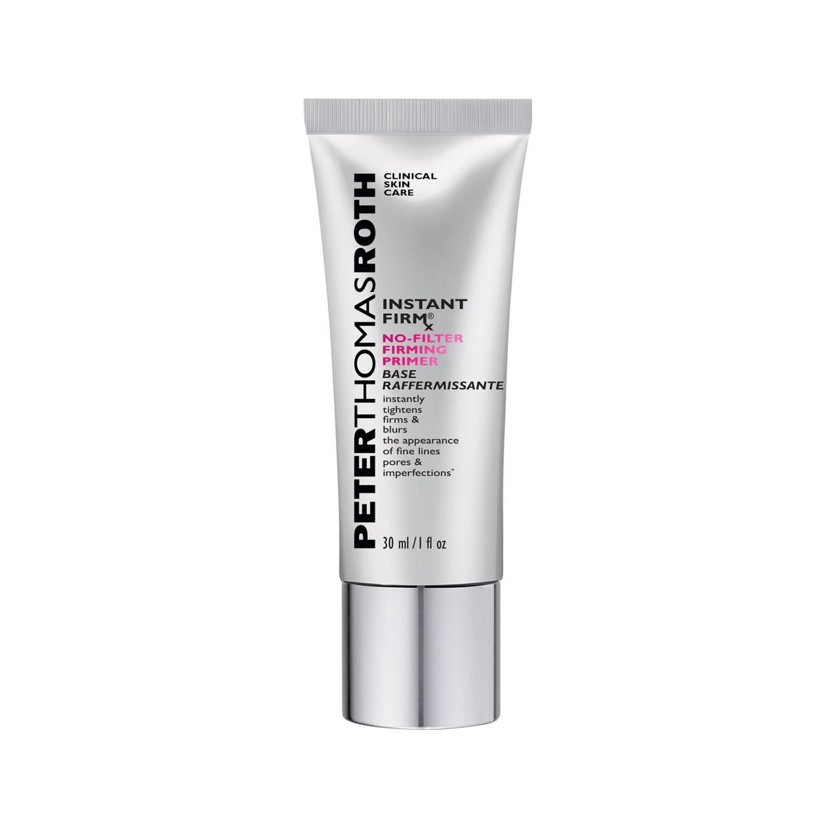 Peter Thomas Roth Instant FIRMx primer bottle close-up for smooth makeup prep