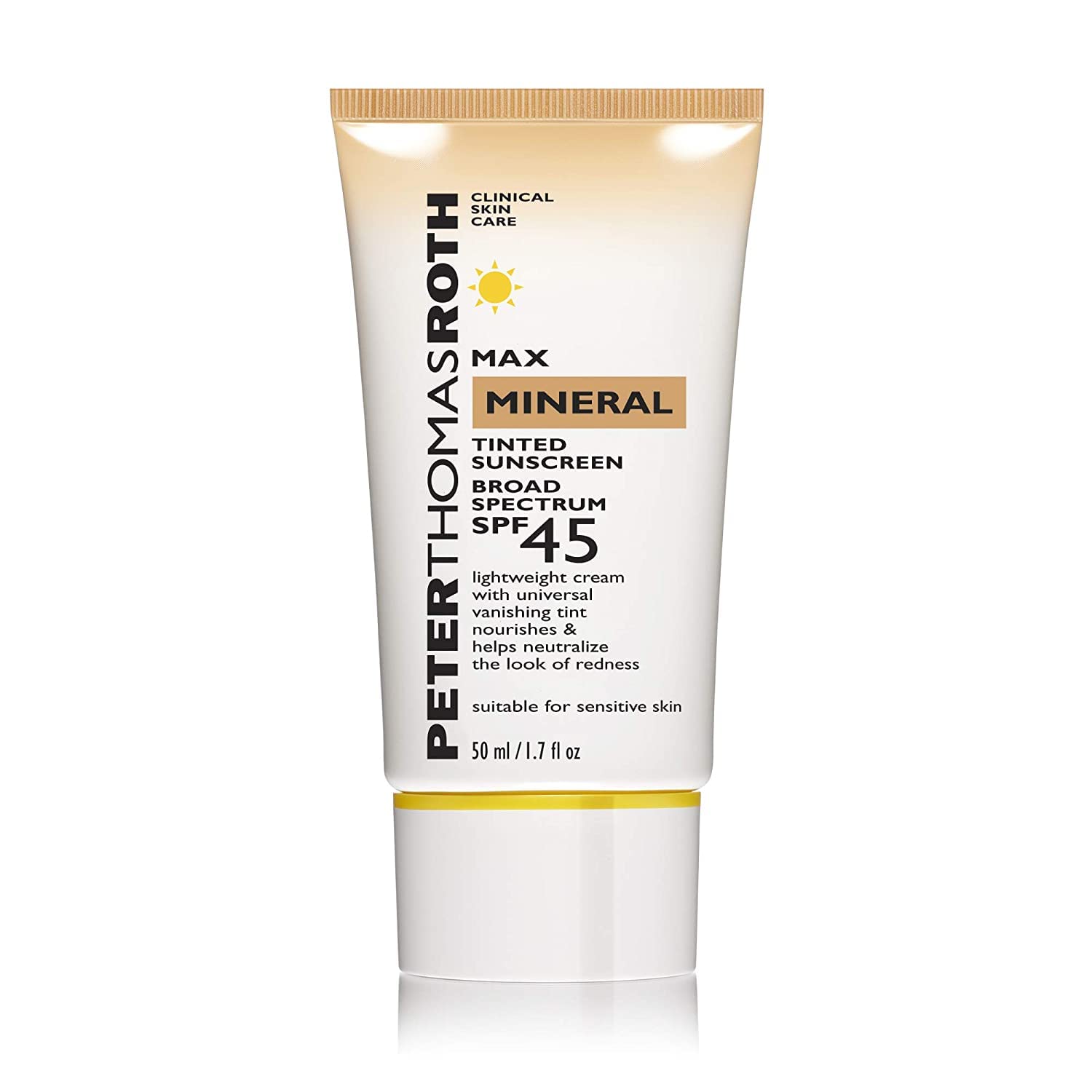 Peter Thomas Roth Max Mineral Sunscreen tube close-up showing universal tint for balanced skin tone.