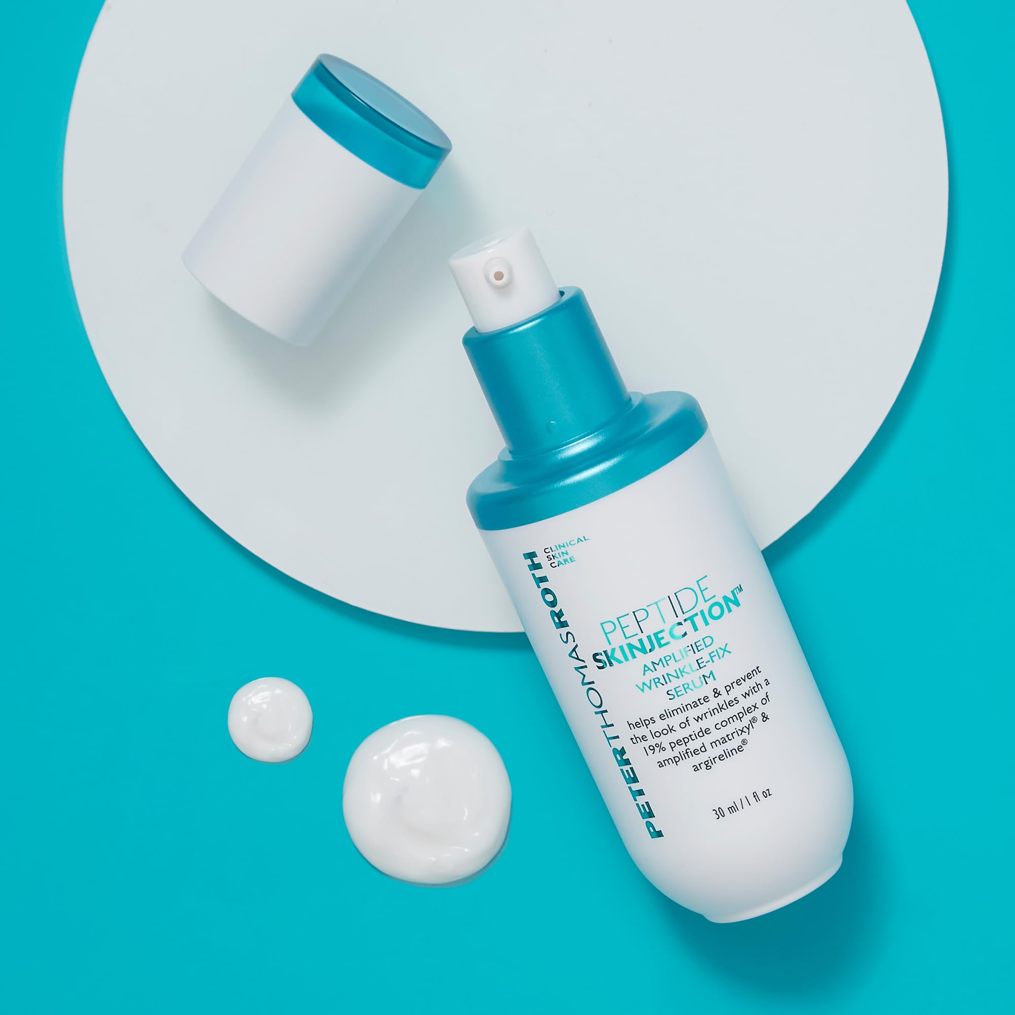 Peter Thomas Roth Peptide Skinjection serum swirl on skin suggests smoothing expression lines