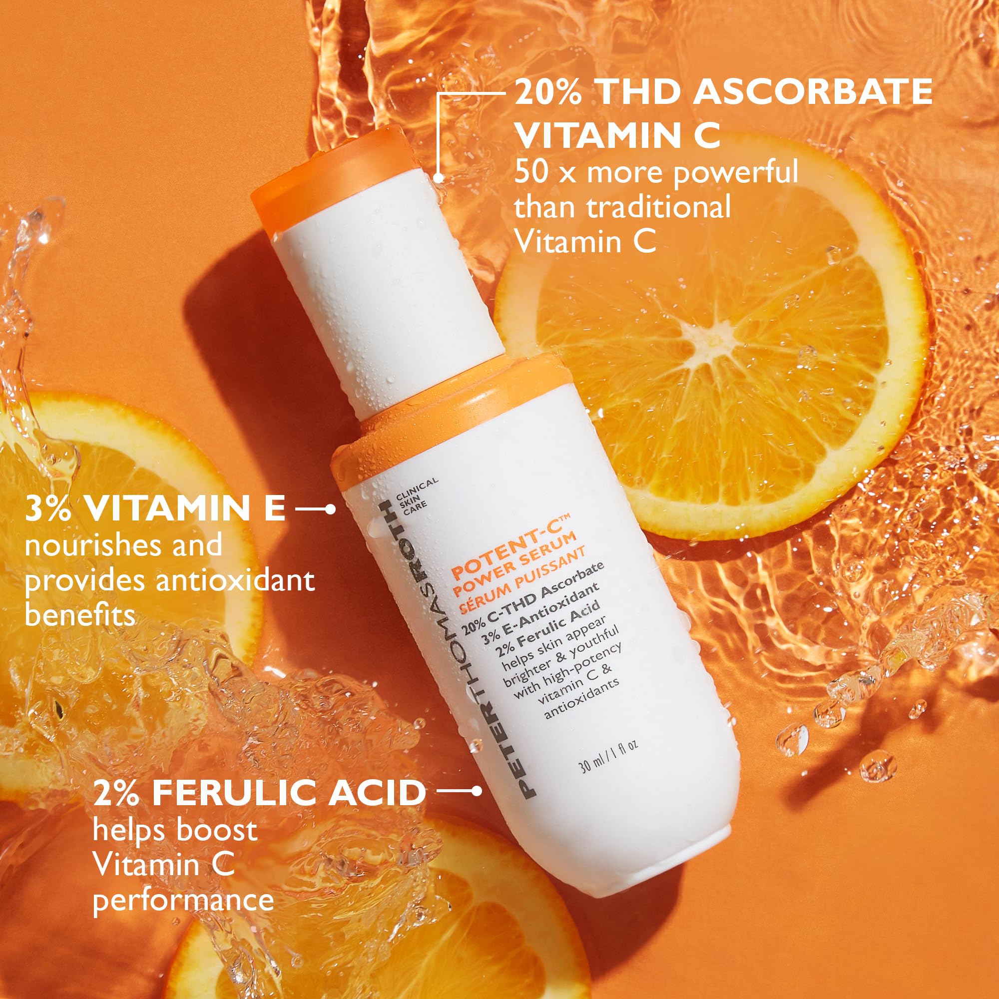 Peter Thomas Roth Potent-C Power Serum label closeup conveys clean branding.