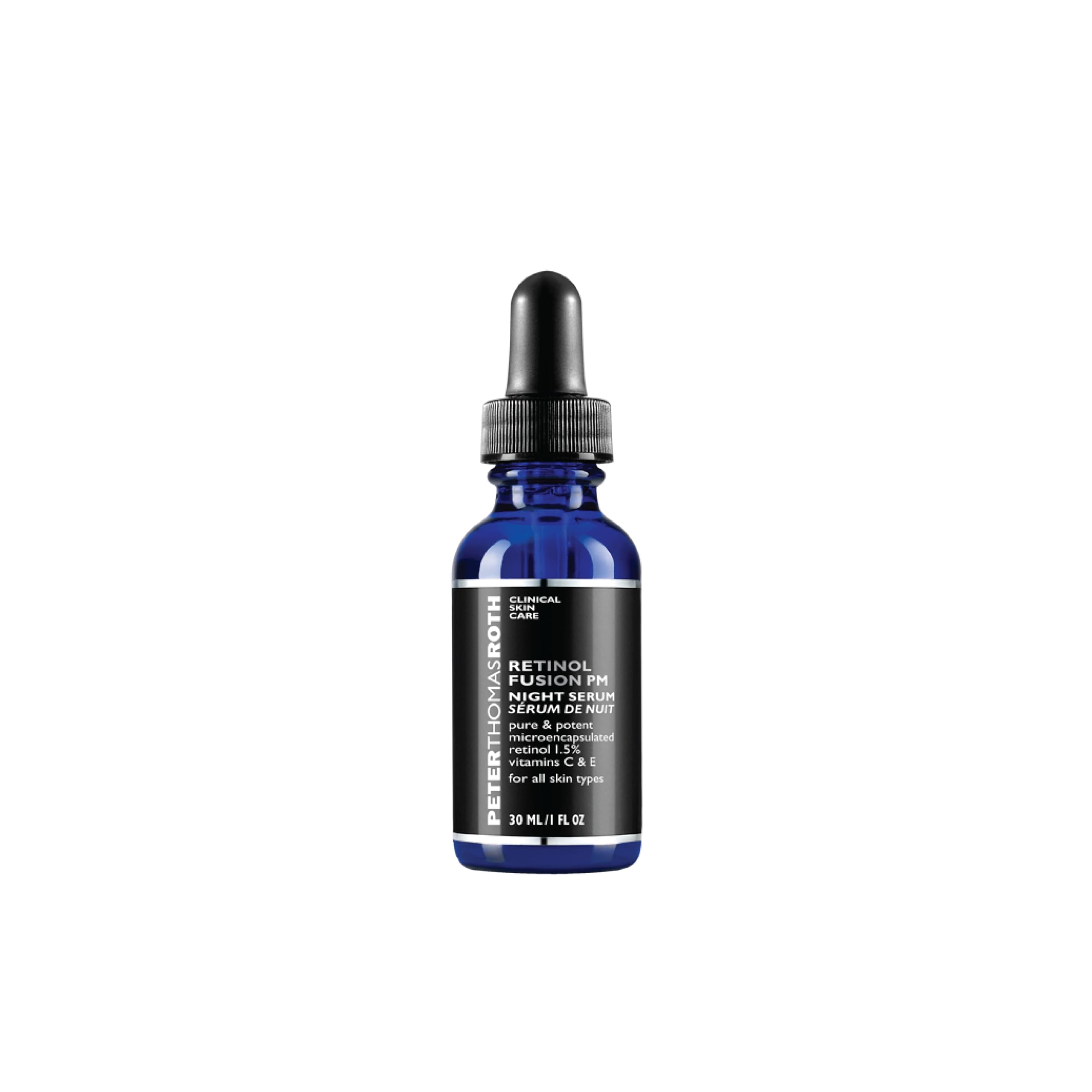 Peter Thomas Roth Retinol Fusion PM serum bottle for overnight hydration and smoothing.