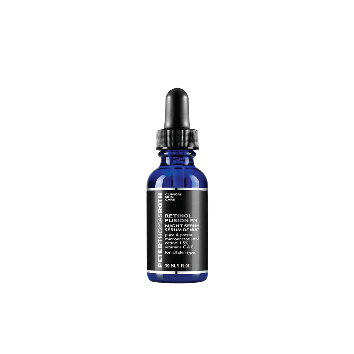 Peter Thomas Roth Retinol Fusion PM serum bottle for overnight hydration and smoothing.