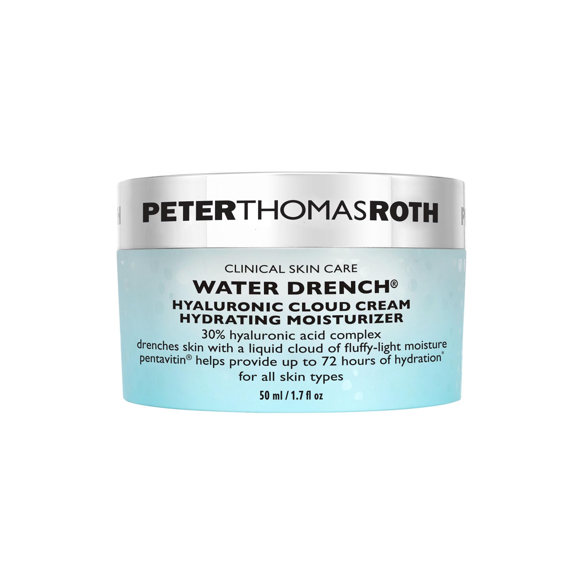 Peter Thomas Roth Water Drench Hyaluronic Cloud Cream jar close-up showing hydration focus