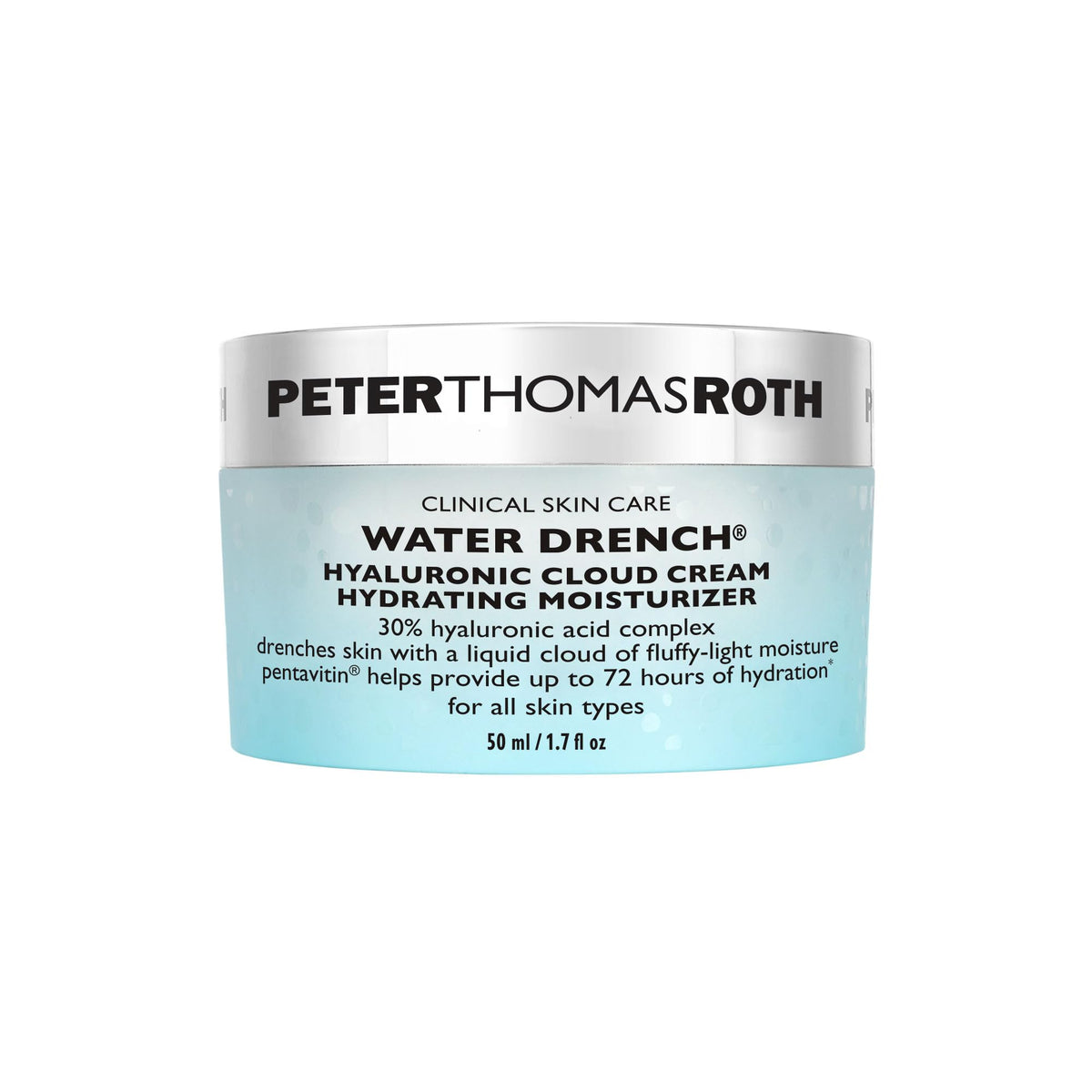 Peter Thomas Roth Water Drench Hyaluronic Cloud Cream jar close-up showing hydration focus