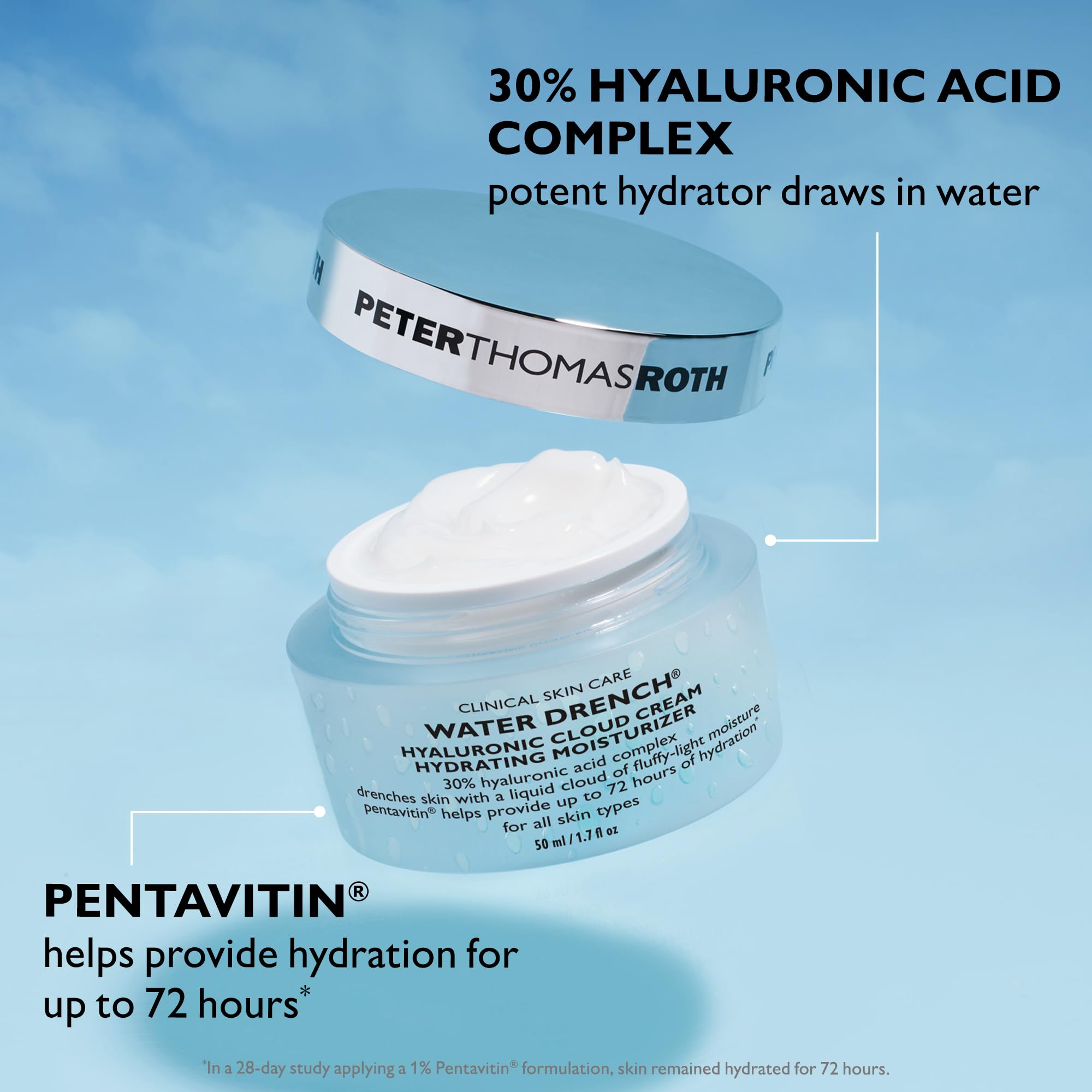 Label detail of Peter Thomas Roth Water Drench emphasizing key features
