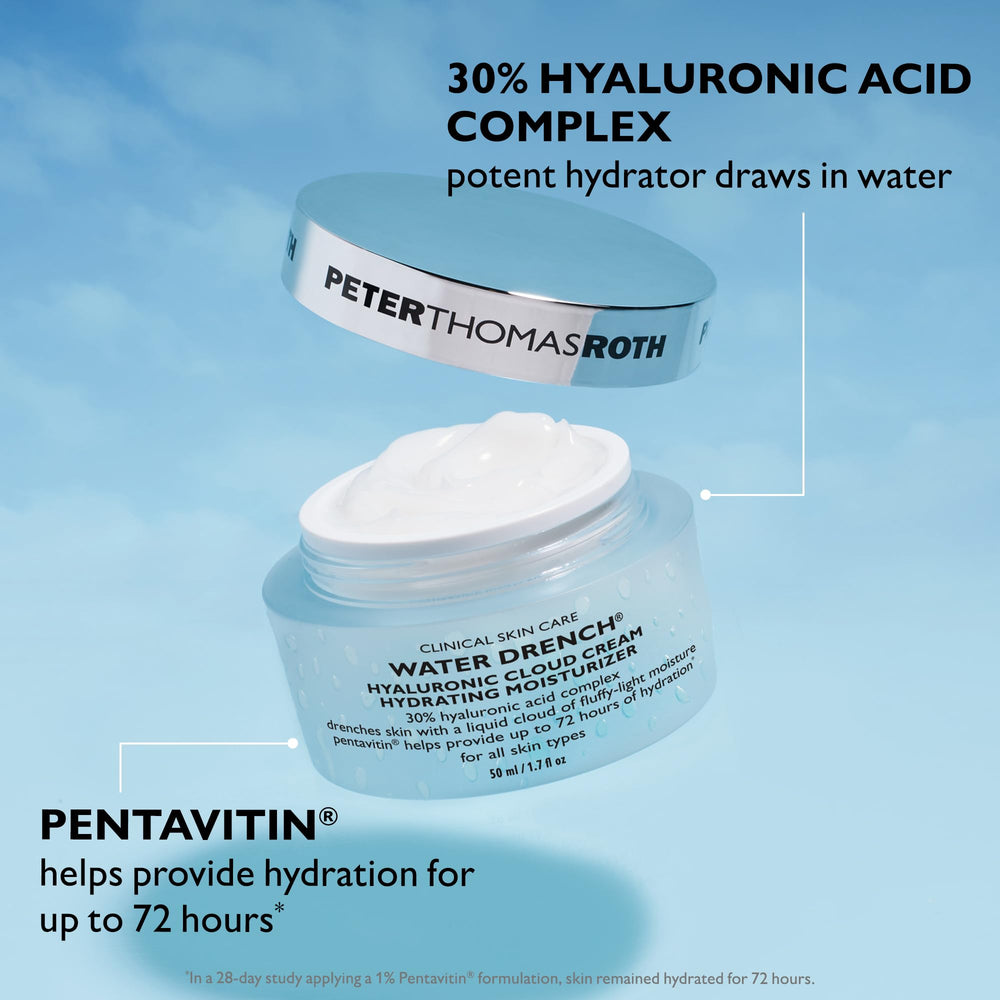 Label detail of Peter Thomas Roth Water Drench emphasizing key features