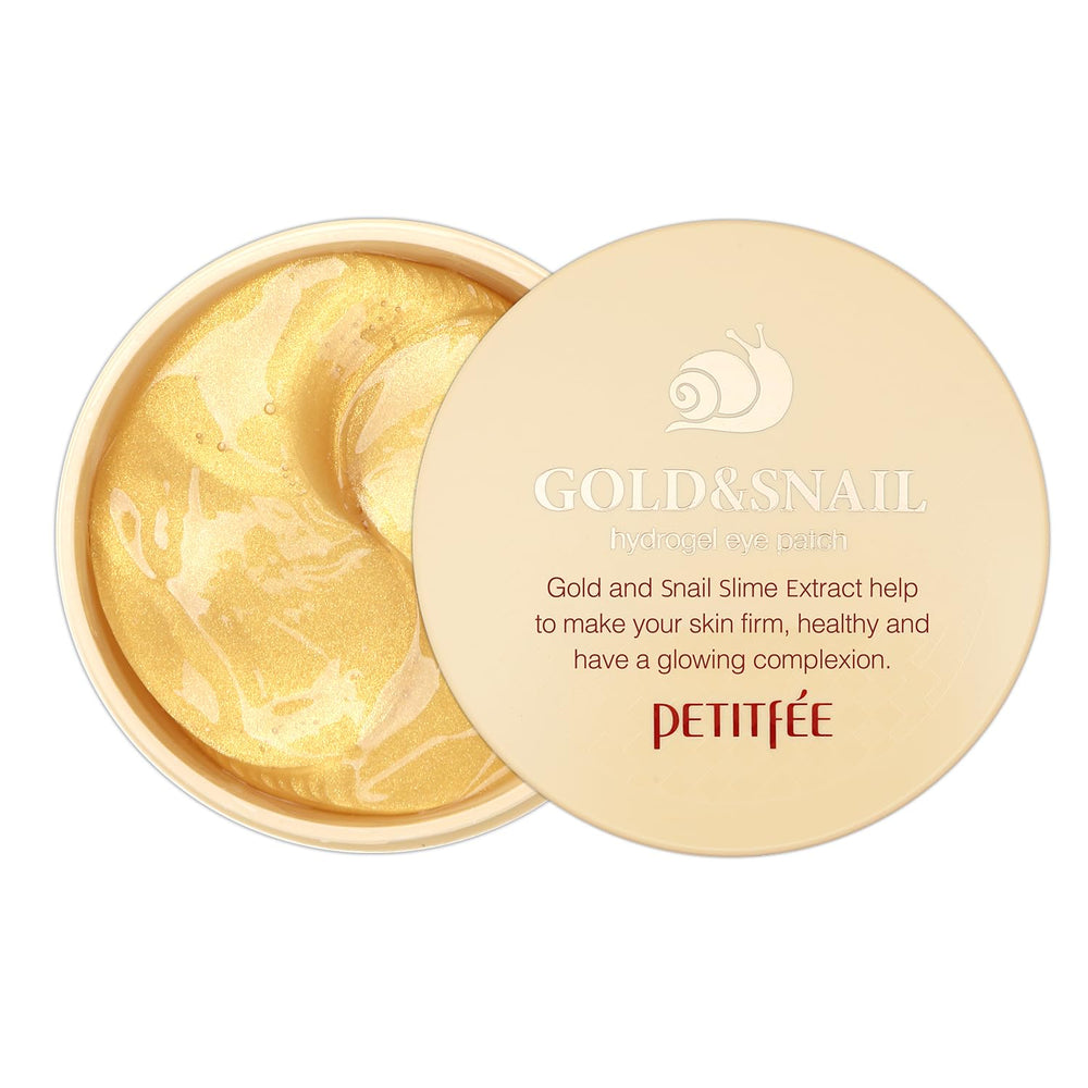 Petitfee parche ojos dorados y baba hidrogel para hidratación y sensación refrescante.