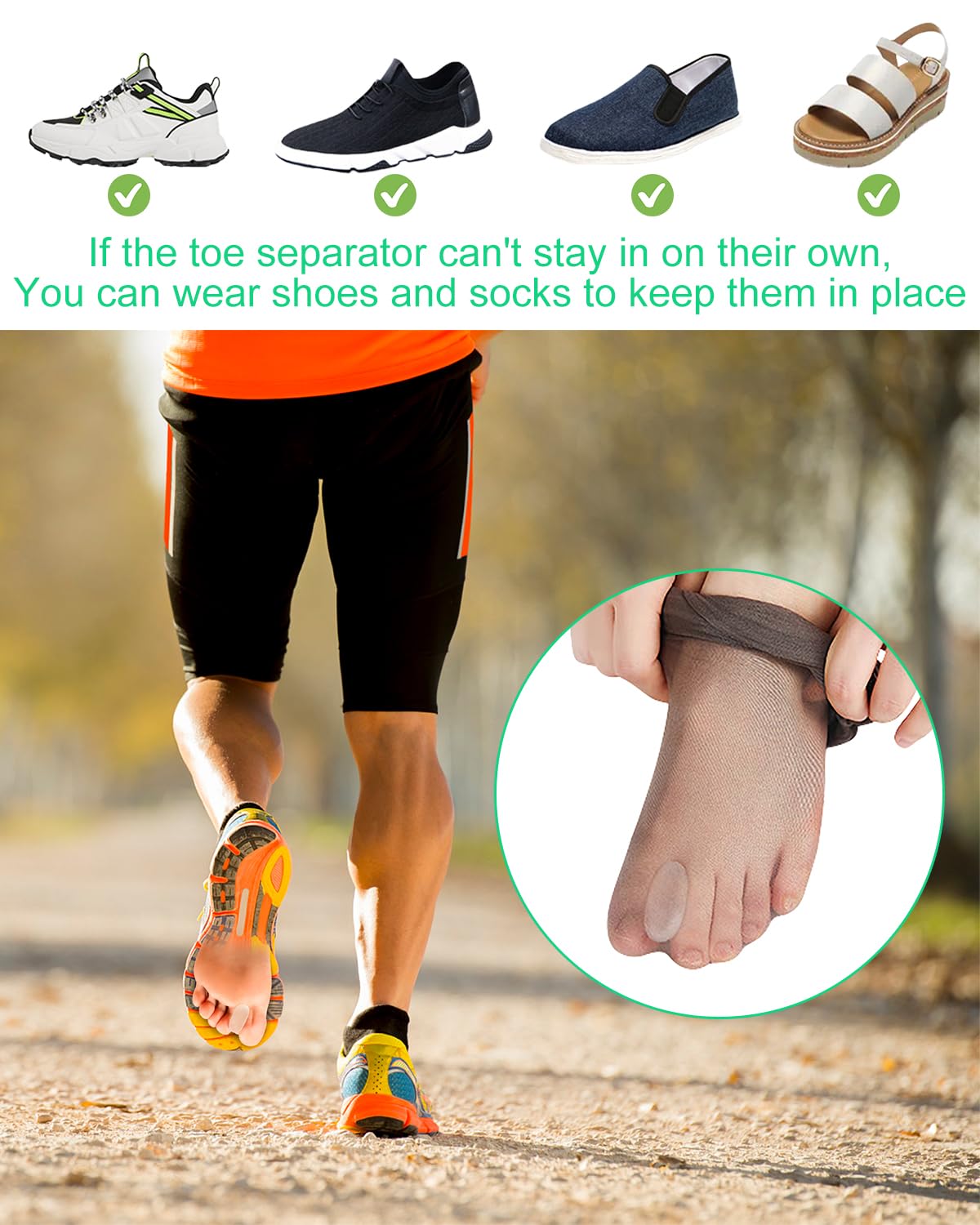 PGRODE toe spacers inside footwear promoting gradual toe alignment.