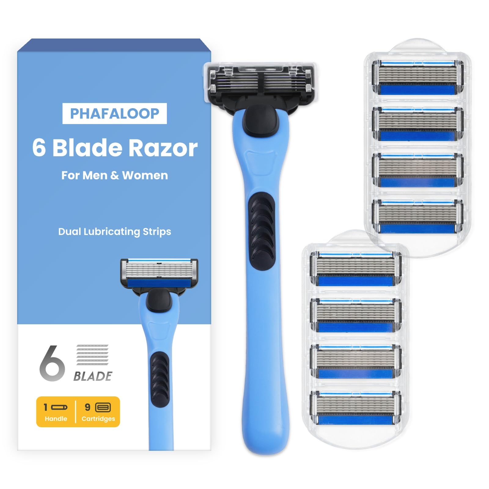Phafaloop 6-blade razor handle with a comfortable grip for daily shaving.