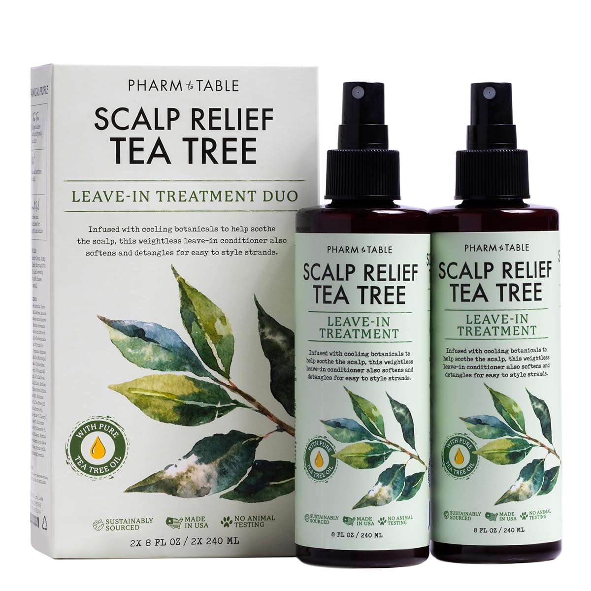 PHARM TO TABLE Leave-In Conditioner Tea Tree spray bottle provides scalp hydration.