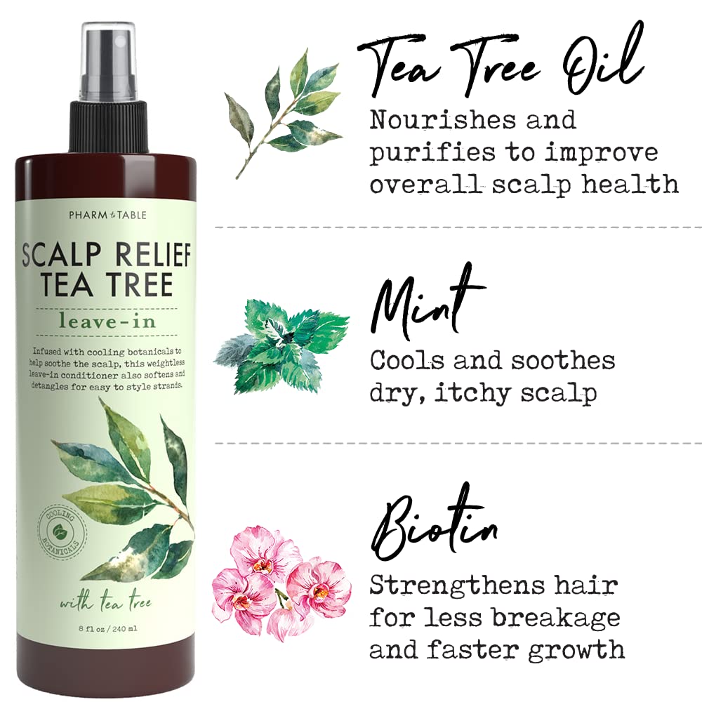 PHARM TO TABLE Tea Tree Leave-In mist applied to scalp for relief.