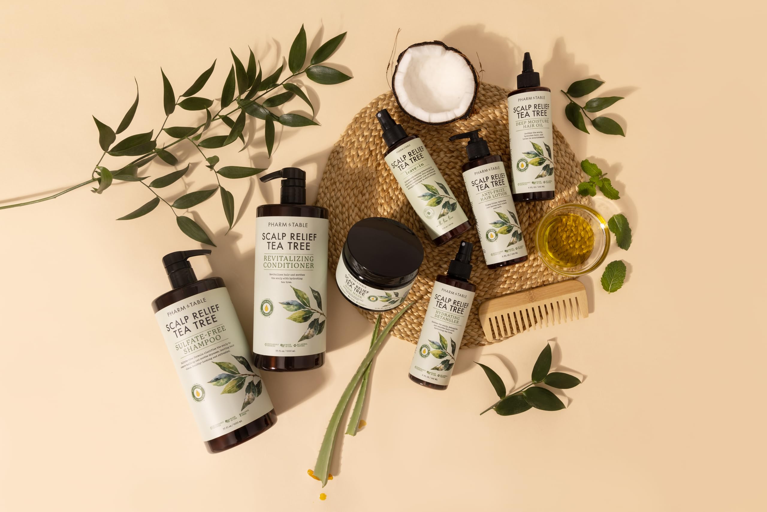 PHARM TO TABLE Tea Tree scalp spray close-up highlights nourishing properties.