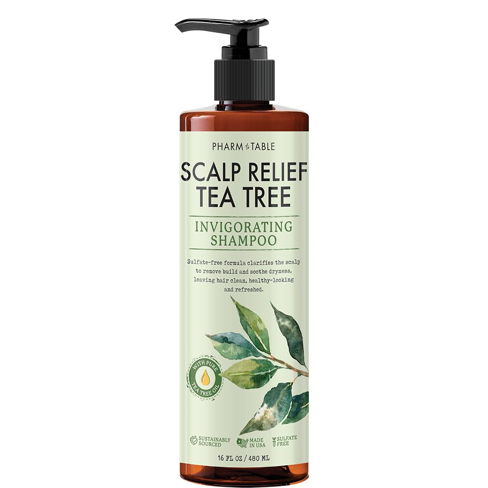 PHARM TO TABLE Tea Tree Shampoo: botella visible para limpieza profunda del cuero cabelludo