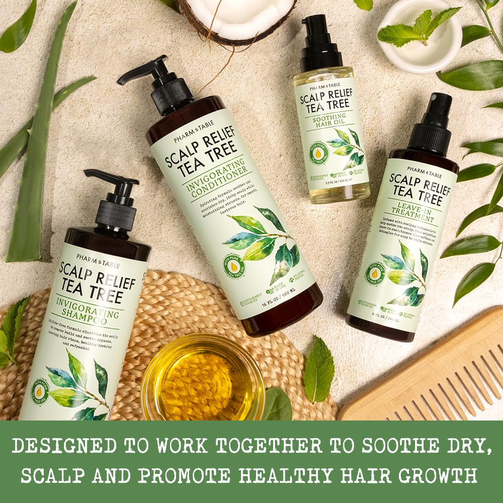 Etiqueta de PHARM TO TABLE Tea Tree Shampoo mostrando ingredientes y uso recomendado