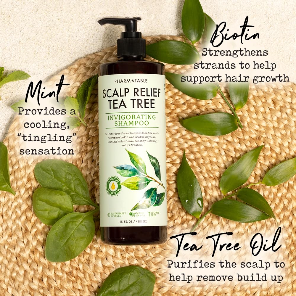 Aceite de árbol de té visible en PHARM TO TABLE para hidratación natural del cuero cabelludo