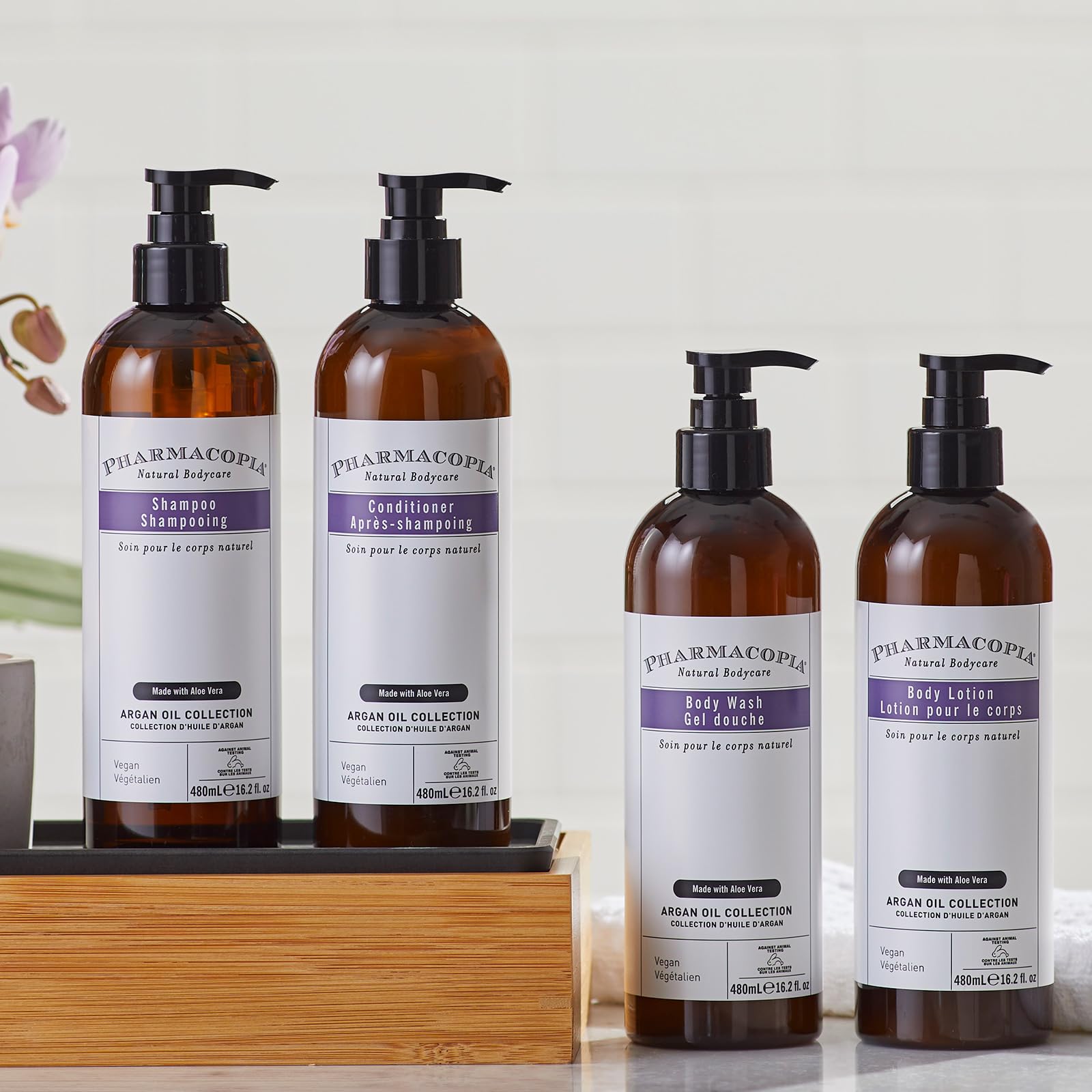 Pharmacopia 16.2 oz bottle indicates long-lasting hydration.