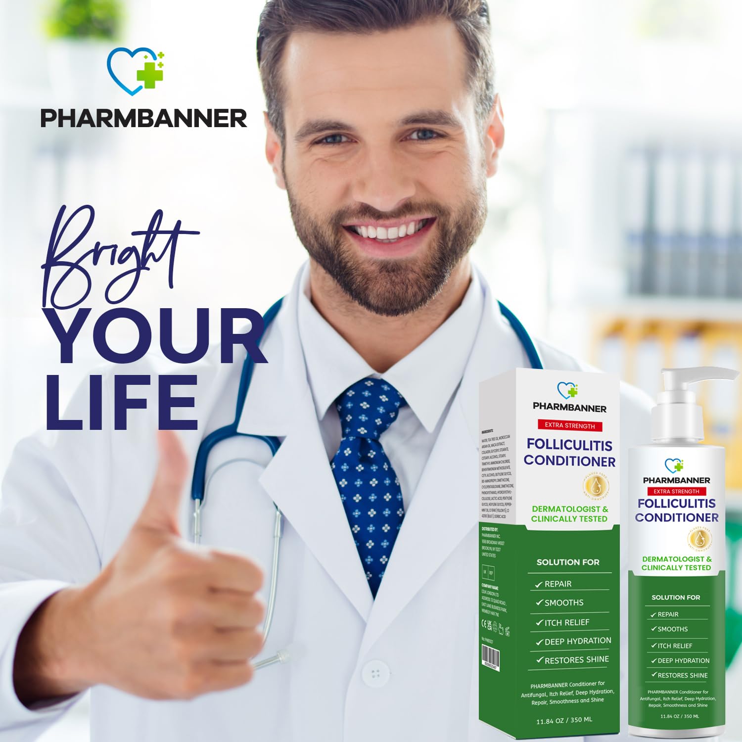 PHARMBANNER uso diario, brillo e hidratacion visibles en el cabello.