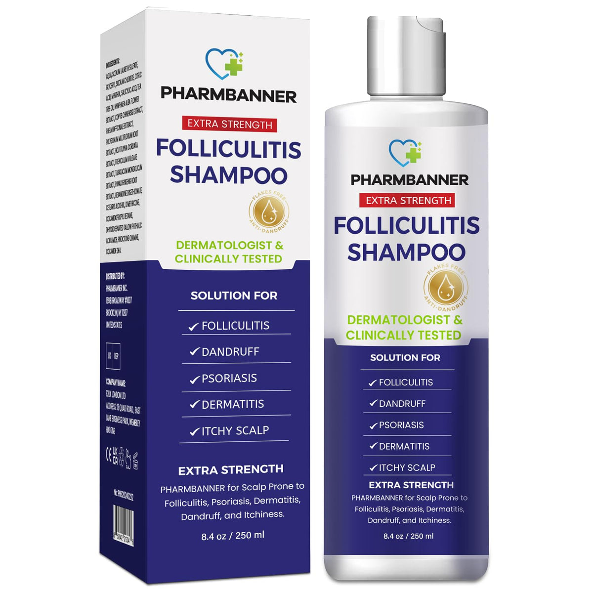 PHARMBANNER anti-fungal shampoo bottle highlighting natural formula for itchy scalp relief.