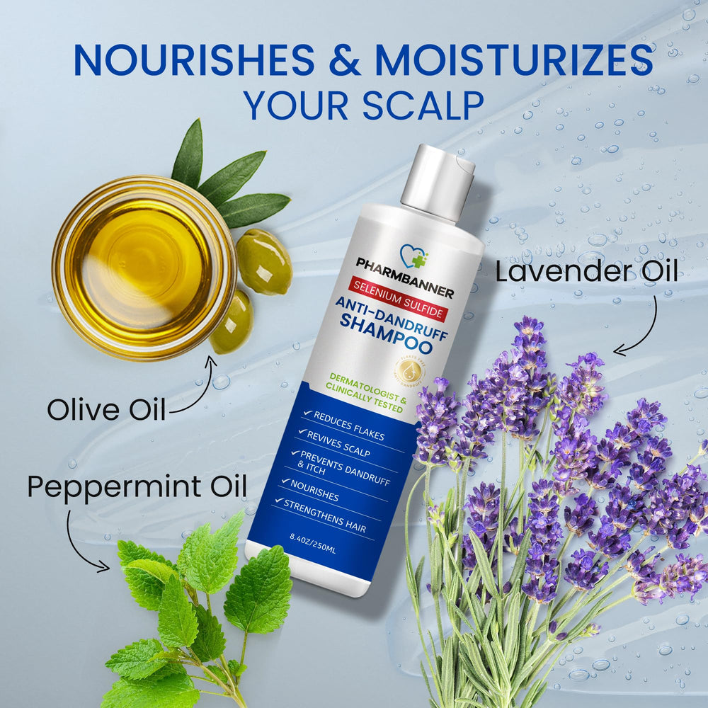PHARMBANNER lavender oil icon suggests soothing, calming scalp benefits.