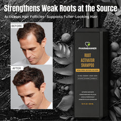 PHARMBANNER Root Activator Shampoo for Men bottle back reveals herbal blend.