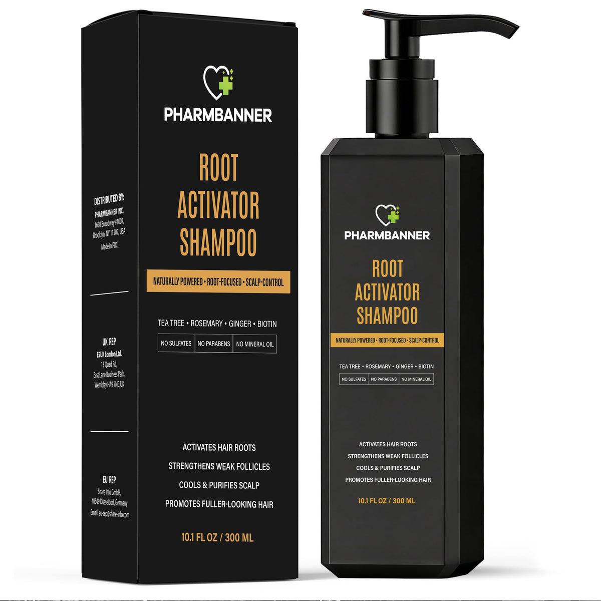 PHARMBANNER Root Activator Shampoo for Men bottle front showing sulfate-free formula.