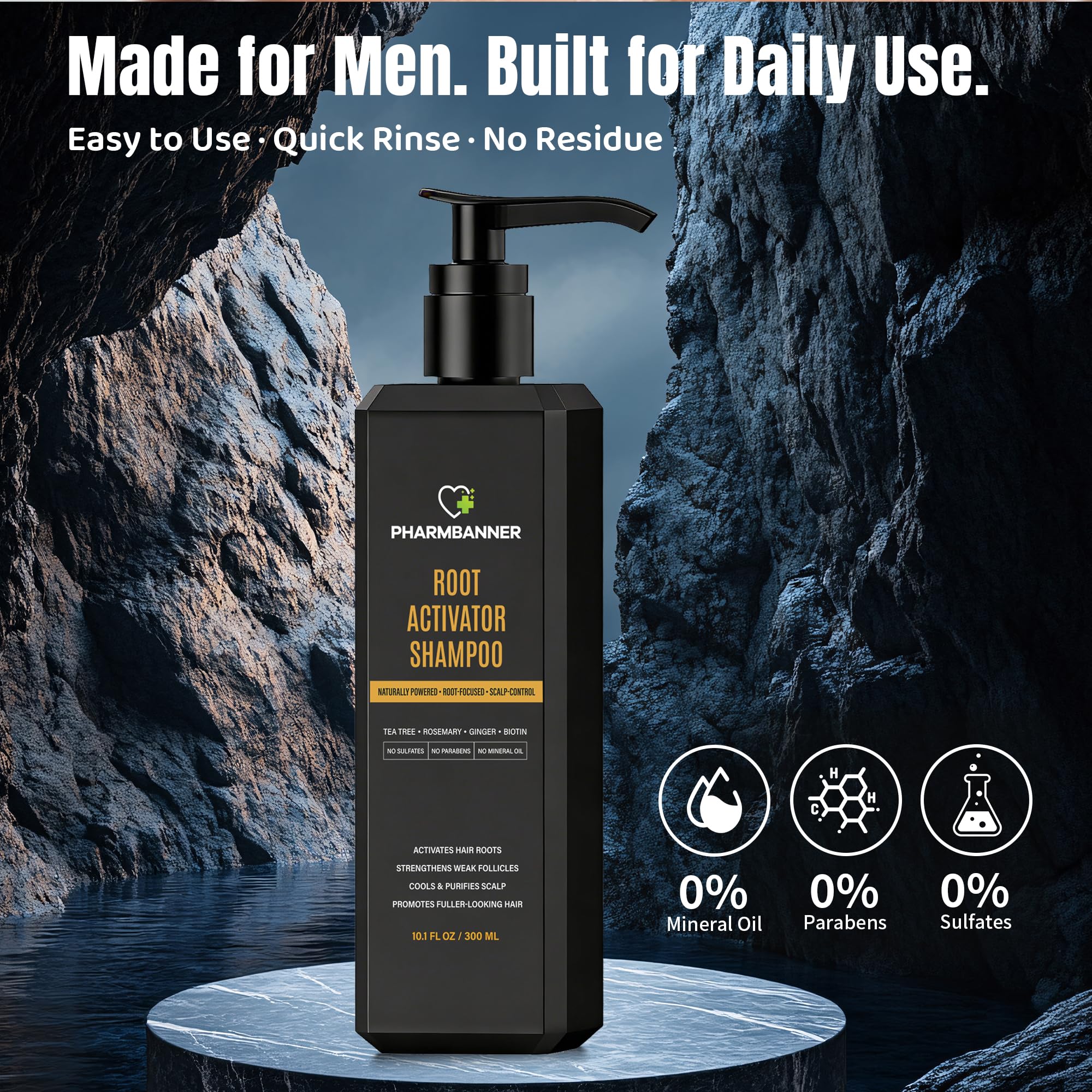 PHARMBANNER Root Activator Shampoo for Men ingredients graphic emphasizes natural actives.