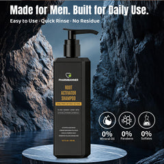 PHARMBANNER Root Activator Shampoo for Men ingredients graphic emphasizes natural actives.