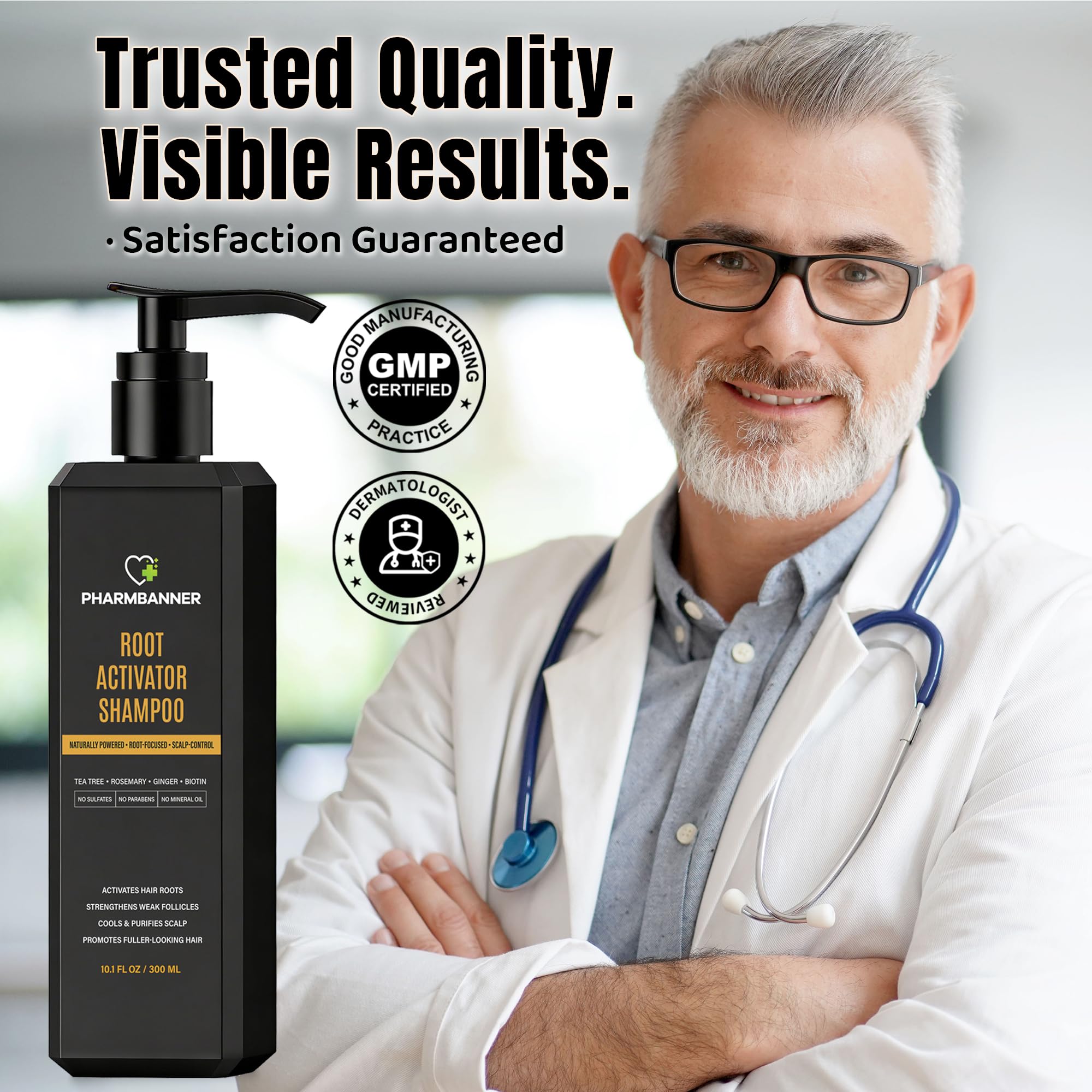 PHARMBANNER Root Activator Shampoo for Men packaging shows compact bottle ideal for travel.